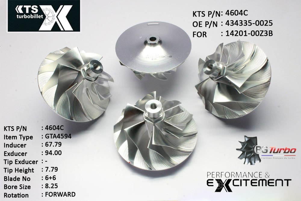 Turbo ROUE FORGÉE MFS PERFORMANCE - 6+6 PALES - INDUCER : 67,79 - EXDUCER : 94 - TYPE : GTA4594ANGLE : 45° - ROTATION : Forward - SUPER BACK : 9,51 - BORE SIZE : 8,25
